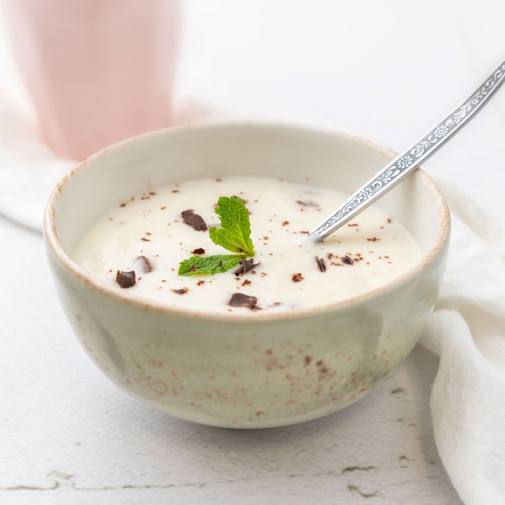 Schaaltje dessert stracciatella met chocoladeschilfers en munt