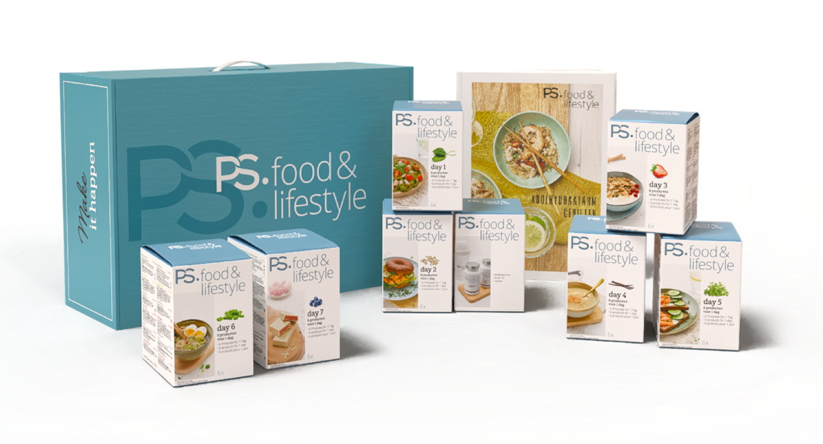 Het PS. food & lifestyle startpakket met zeven doosjes producten
